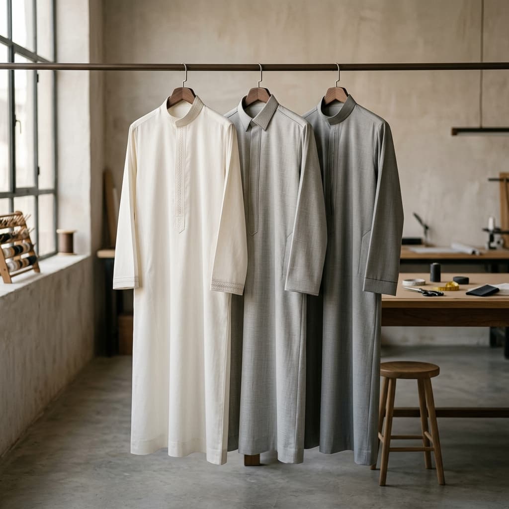 Muted background showing thobes collection